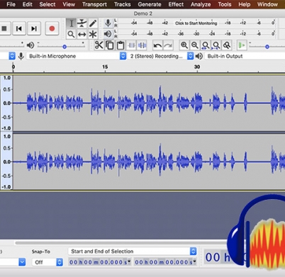 Screen shot of audacity interface with logo over it in bottom right corner