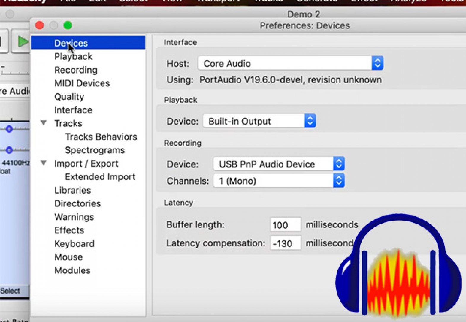 Screen shot of audacity preferences to set recording device