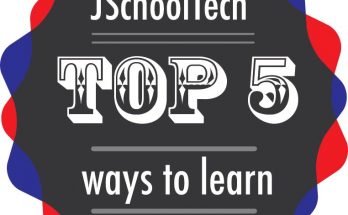Badge in KU crimson and blue that says JSchool Tech top 5 ways to learn