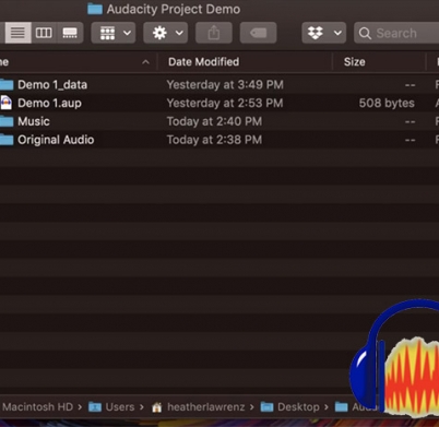 Image of finder window folder with music, import folders and aup audacity project folders.