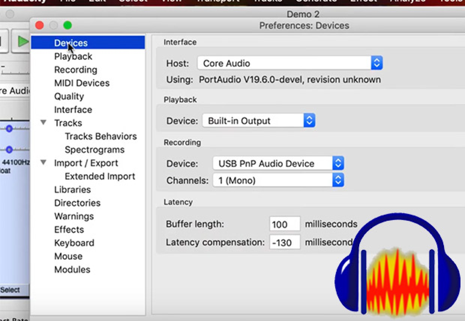 Screen shot of audacity preferences to set recording device